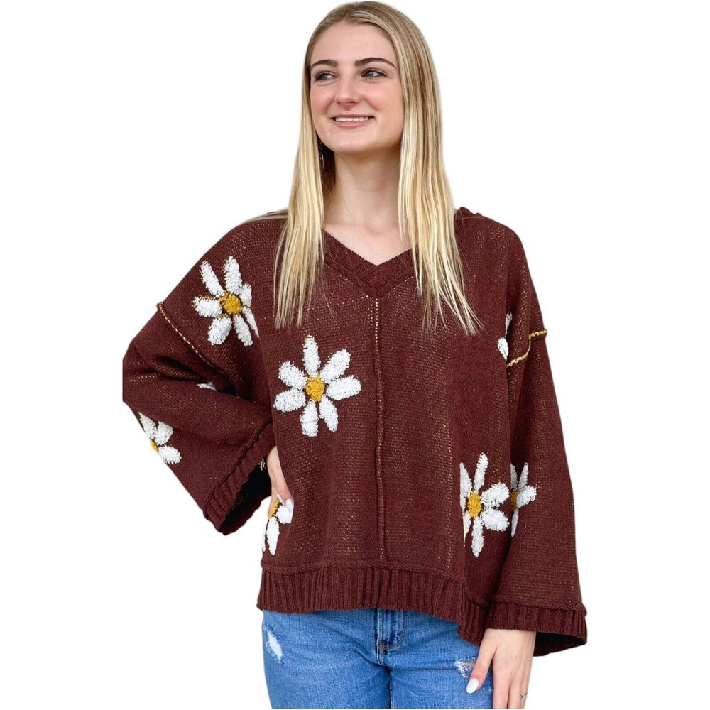 POL Sweater Womens M Chenille Floral Oversized Daisy Fairy Whimsical Boho